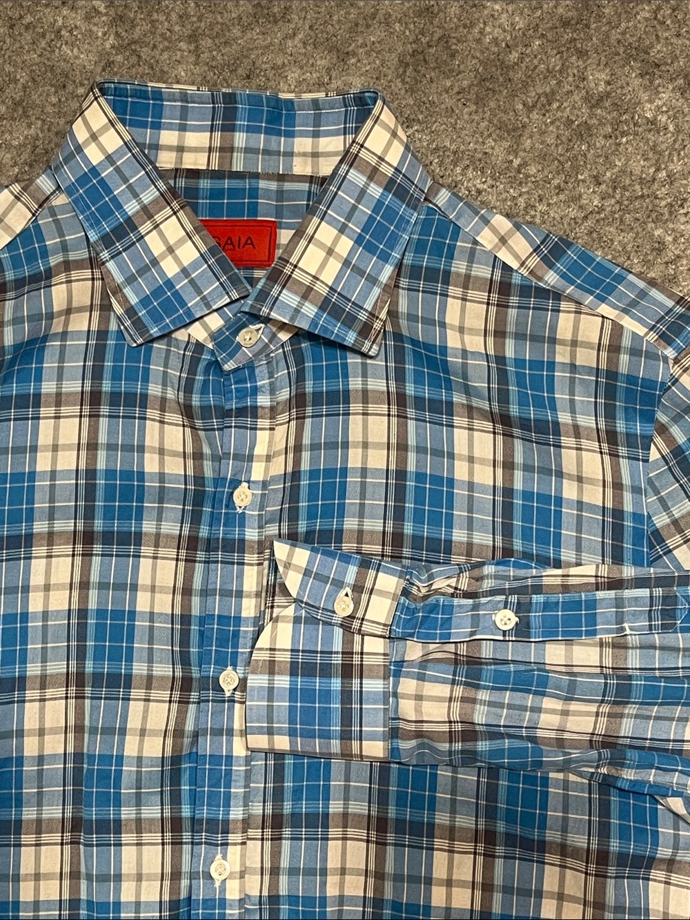 Isaia Blue and White Plaid Cotton Button-Up Shirt